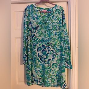 Lilly Pulitzer blue green silk long sleeve party dress